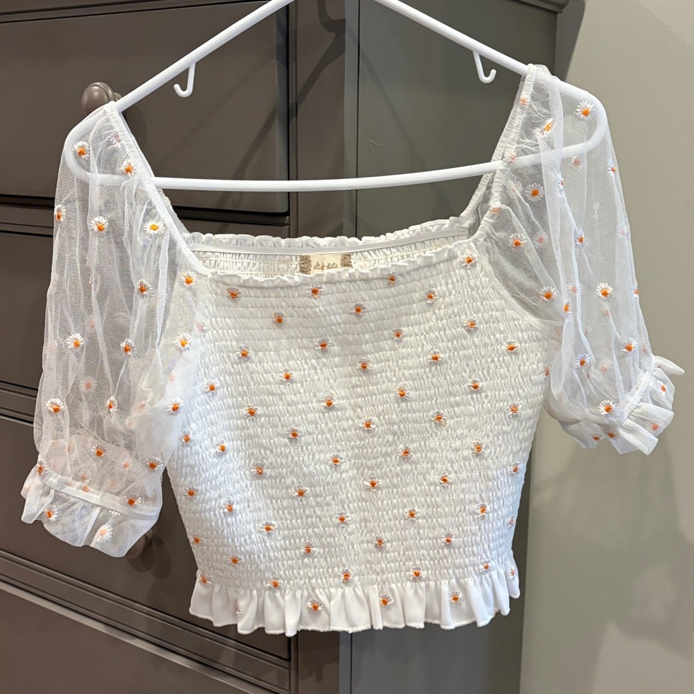 Altar'd State White Smocked Top with Embroidery